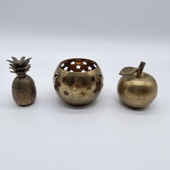 3 Pcs Vintage Brass Figurines Apple Bell Pineapple Container Star Candle Holder - Picture 1 of 10